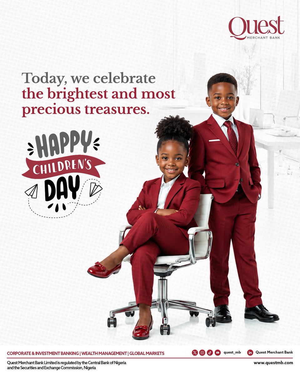 Quest_MB's tweet photo. Happy Children’s Day to the little ones who make the world brighter, kinder, and full of hope.
#QuestMB
#CorporateandInvestmentBanking
#WealthManagement
#GlobalMarkets https://t.co/LsbAddEMCs