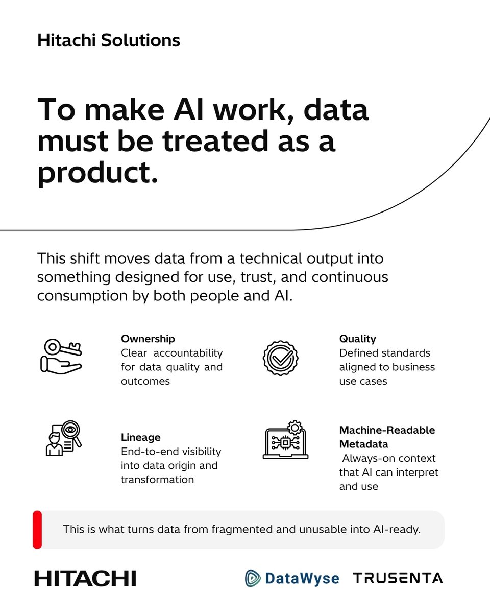 HitachiSolAPAC's tweet photo. #AI adoption is accelerating  but many initiatives still struggle to scale. The issue isn’t AI. It’s the data behind it.

Join us for Session 1 of  4 and learn how data as a product drives trusted, scalable AI.

👉 Register: https://t.co/o2xyijioOC

#DataGovernance https://t.co/2mvQtythFs
