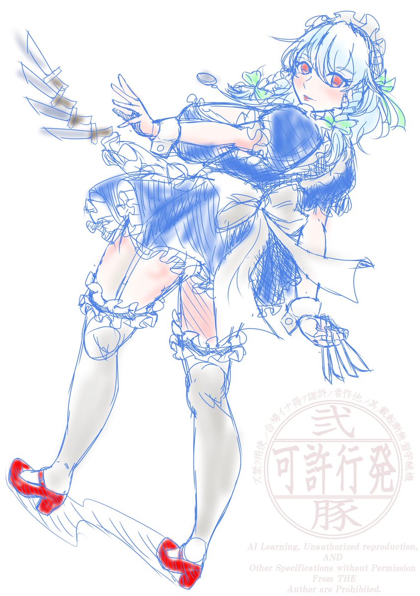 ラフと完成
お雛と咲夜さん
ラフで毎回描き込むから、絵の効率は非常に悪い。 