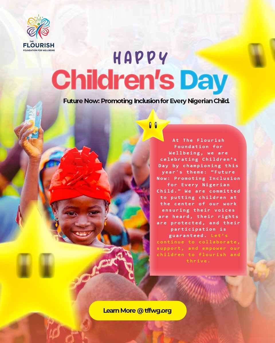tffw_ng's tweet photo. Happy Children’s Day! 🎉🇳🇬✈️
​Today, we are celebrating every child in Nigeria and across the globe. We hold a special place in our hearts for children living through conflict and those lacking the essential care they need to thrive.
​This year's theme is "Future Now: Promoting https://t.co/ioHSz2G7Vb