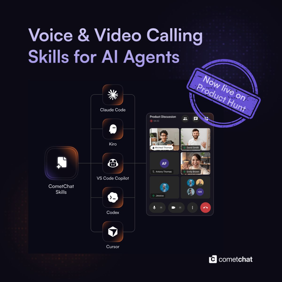 CometChat's tweet photo. Your AI coding agent can now build voice &amp; video calling into your app 📞
One npx command. Ringing or Session mode. React, React Native, Angular, Android, iOS, Flutter.

Live on Product Hunt today - would love your support 🙌🙌 https://t.co/w1JIxubgxb https://t.co/I5CR22oLyN
