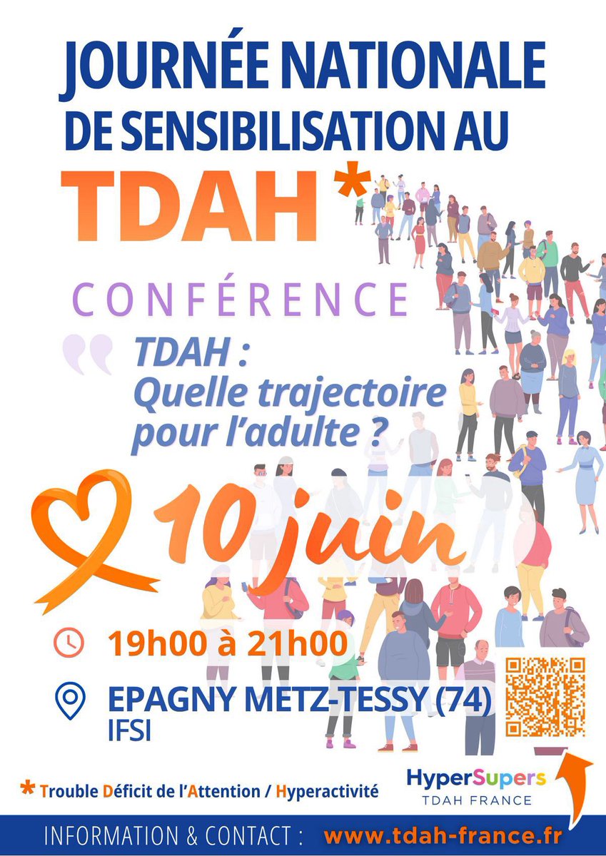 TDAHyperSupers's tweet photo. #12Juin #JnTDAH
🎤 Conférence : « TDAH : quelle trajectoire pour l’adulte ? »
Organisée par HyperSupers, en partenariat avec le Centre Hospitalier Annecy Genevois.
📅 Mercredi 10 Juin de 19h à 21h Epagny Metz Tessy / Avec le 
Dr H.Prunier et C.Casavecchia
https://t.co/8iqzWiTny9 https://t.co/VFpQl7wWz4