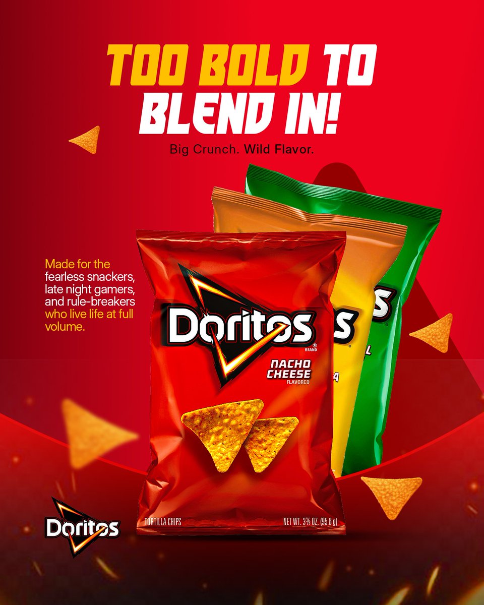 Akinsvisual's tweet photo. Most snack ads focus on the product.
I focused on the feeling people unconsciously attach to Doritos instead.

The real challenge isn’t awareness.
It’s staying culturally exciting in a fast attention economy.

Promotional ads for @Doritos
© Akinsvisual
Day2
#tarius5dayschallenge https://t.co/7zzfGzRDD8