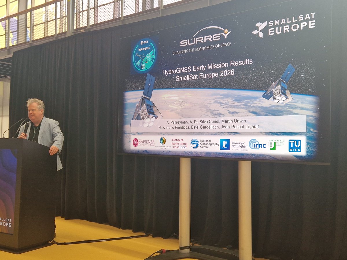 SurreySat's tweet photo. Early birds at SmallSat Europe today were able to catch SSTL's Andy Palfreyman on the technical stage, presenting the first Mission results from HydroGNSS. https://t.co/aYmogoeqaz