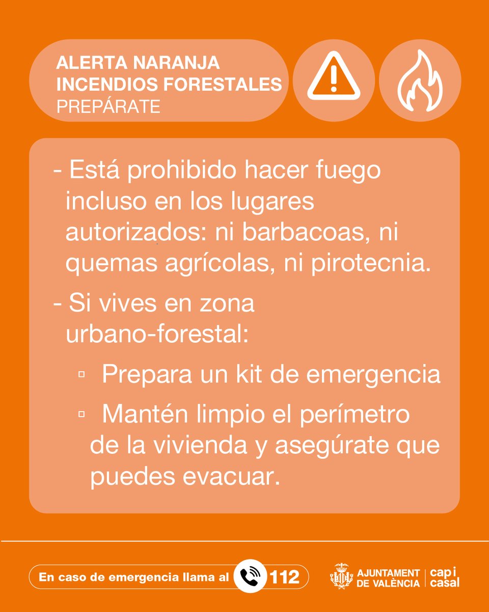 AjuntamentVLC's tweet photo. 🔥⚠️ @GVA112 establece para hoy, el nivel ALTO 🟠 de preemergencia por riesgo de incendios forestales.

Sigue las recomendaciones ⏬ https://t.co/HWDurBnqC3