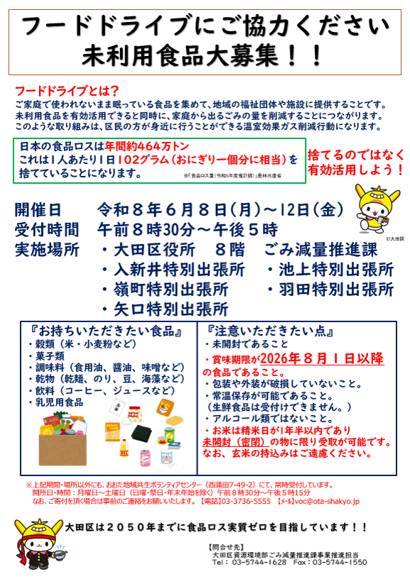 city_ota's tweet photo. 未利用食品大募集！フードドライブ実施します！
大田区では、ご家庭で余っている食品を回収し、福祉施設等に提供する「フードドライブ」を行っています。
まだ食べられる食品を必要としている方々へつなげる取り組みに、ぜひご協力ください。
詳しくはこちら
https://t.co/T9FFRrWUob https://t.co/QamDCd1aIJ