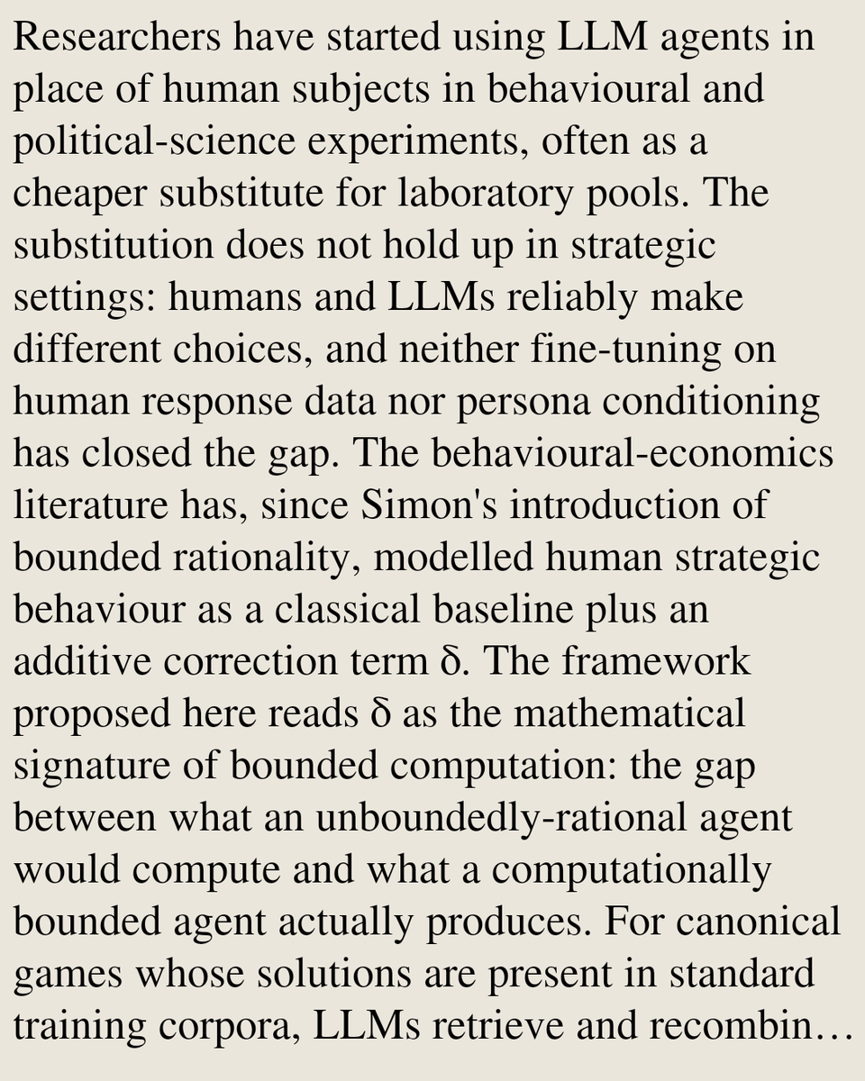cereal's tweet photo. Divergent Minds, Convergent Baselines: A Bounded-Rationality Account of LLM-Human Strategic Behaviour

Po Han Teo
https://t.co/pbFQIKZbYx [𝚎𝚌𝚘𝚗.𝙶𝙽] https://t.co/V4UeHSJjqR