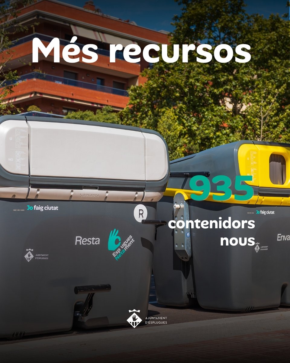 ajesplugues's tweet photo. El nou servei, que s’anirà desplegant al llarg dels pròxims mesos, arriba carregat de novetats per avançar cap a una ciutat més sostenible:

♻️ Increment del 15% dels treballadors i treballadores del servei de neteja i gestió de residus.
🚛 Renovació de la flota amb 31 noves unitats, de les quals el 77% seran completament elèctriques.
🟢 Renovació dels 935 contenidors del municipi amb models més accessibles.
📦 Implementació del servei de recollida porta a porta comercial, iniciant-se amb la fracció paper-cartró.
🪑 Nou servei de recollida d’objectes voluminosos.
🏡 Implementació de tres deixalleries de barri per facilitar el reciclatge.
🤝 Reforç de l’oficina d’atenció ciutadana.

Entre tots i totes construïm una Esplugues més neta i millor per viure.
Juntes fem ciutat!

#EspluguesNetament