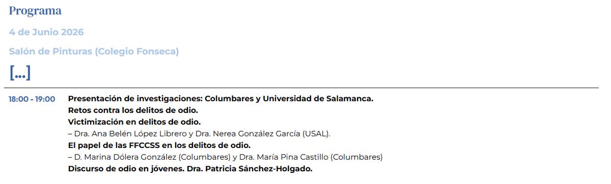 OCA_usal's tweet photo. 🔜 Nuestra compañera @PatrixDQV estará la semana que viene en el "Congreso Internacional contra la infradenuncia de la discriminación y los delitos de odio" organizado por @ColumbaresONG en colaboración con el GTC RESODI y financiado por el @MSocialGob como ponente en esta mesa⤵️ https://t.co/Sc4qP9t7Sm