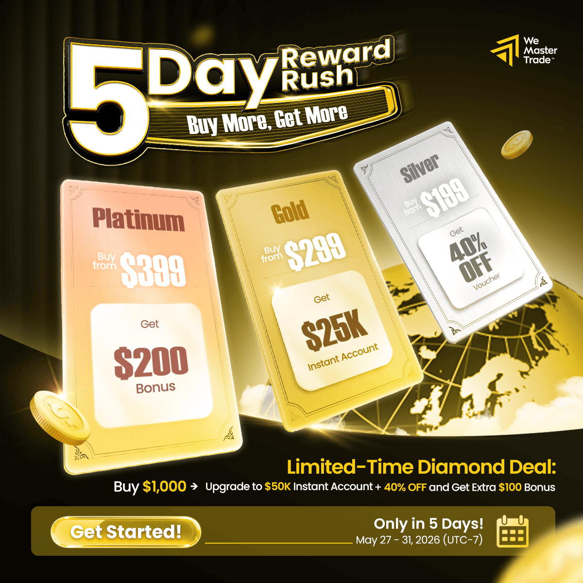WeMasterTrade_'s tweet photo. 🔥 5 Days Reward Rush - Buy More, Get More

Exclusive rewards are waiting for traders ready to go bigger this May. From discount vouchers to Instant Accounts and bonus rewards, every purchase unlocks more value. 

📅 May 27–31, 2026
👉 Explore all rewards: https://t.co/HTGJ47fMYM https://t.co/GIdq1stunn