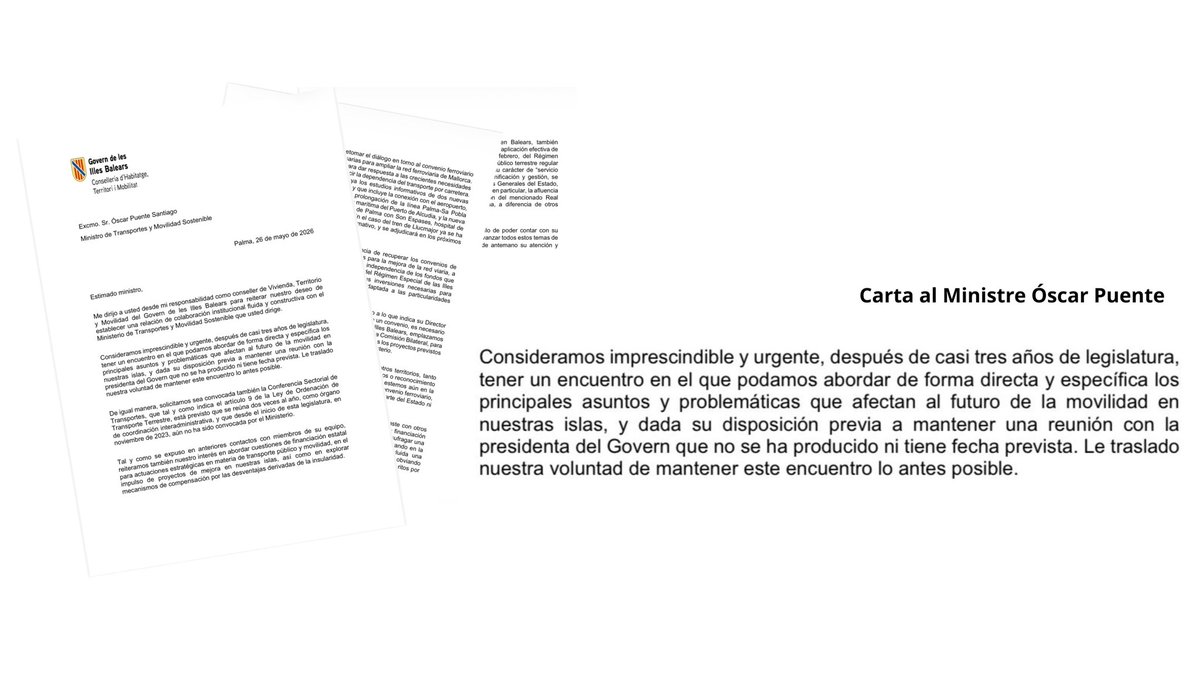 mobihab_GOIB's tweet photo. El conseller Mateo reclama al ministre Puente una reunió per avançar en el conveni ferroviari i les inversions pendents a Balears
 
Demana negociar els convenis de carreteres i ferroviari i denuncia el tracte rebut en comparació amb altres comunitats

➡️ https://t.co/MVeKCZgoEU https://t.co/LJdh1XOayd