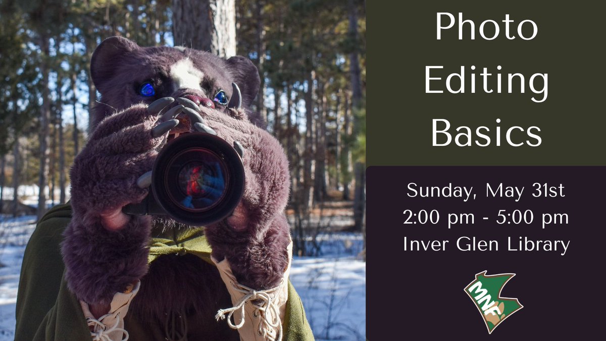 MNFurs's tweet photo. Looking to continue your journey in photography? Join us on Sunday, May 31st to learn some photo editing basics! We will talk all about editing; what you can do, what you can do it with, and why you just might want to do it.

For more information: https://t.co/x7LpIFYa4Z https://t.co/13AupVX5pD