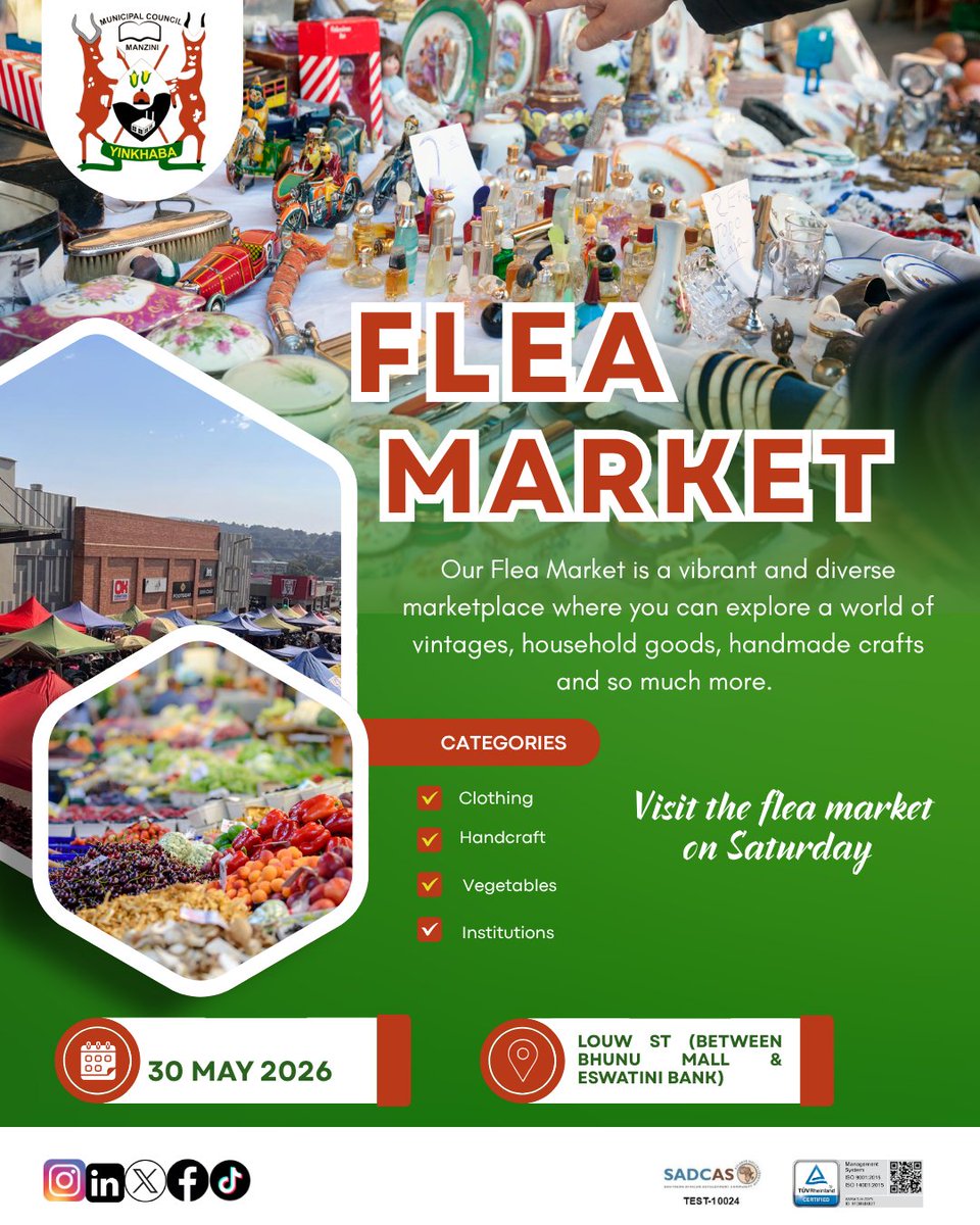 manzinicity's tweet photo. The Manzini Flea Market is the place to be this Saturday! From fresh veggies to funky finds, handmade goodies and stylish clothing, there’s something for everyone! 😍🔥
#ManziniFleaMarket #ShopLocal #SupportSmallBusinesses #FleaMarketVibes https://t.co/tEuR4bck7e