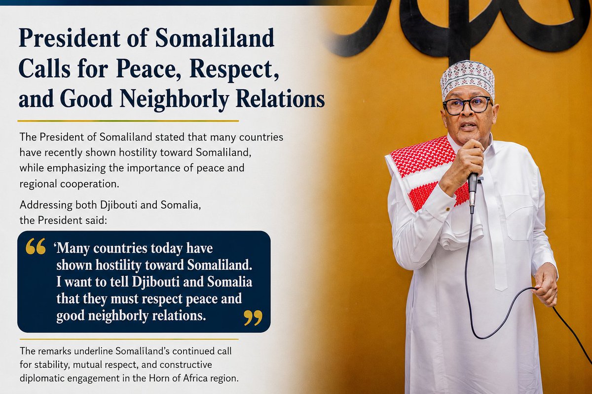 MohamedAidiris's tweet photo. President of Somaliland Calls for Peace, Respect, and Good Neighborly Relations
@amjadt25 @AJEnglish @alainsniper @MiddleEast_24 @GDjiboutienne https://t.co/9uLC8WtkHG