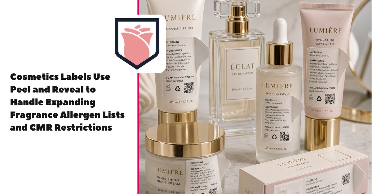 Labelservice's tweet photo. Cosmetic brands are turning to peel and reveal labels 💄 as new allergen and CMR rules expand ingredient lists. Extra space keeps packs compliant without losing shelf appeal ✨
🔗 https://t.co/Du23ZG0842 
#CosmeticsPackaging https://t.co/DIZs3TZwPF