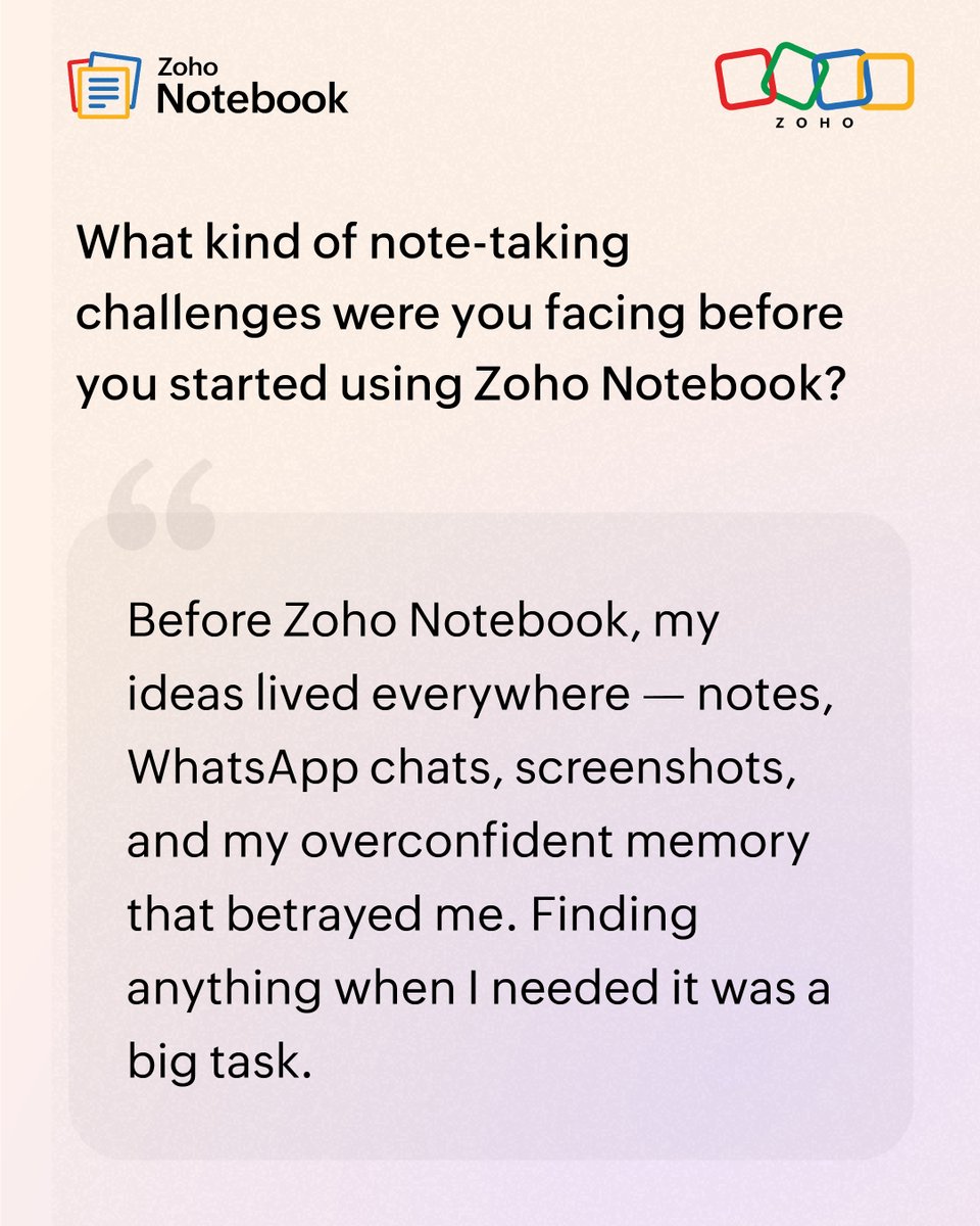 ZohoNotebook's tweet photo. Alvin Britto, a Motion Graphics Designer Intern at Zoho, shares how Zoho Notebook became his creative backbone, what note-taking looked like before it, and how having one organized space changed the way he thinks and creates. 

👉 Swipe to hear it from him

#NotebookPowerUserSeries #10YearsofZohoNotebook #NoteTaking #NoteTakingTips #Designer #MotionGraphicsDesigner #ZohoCommunity #Zoho