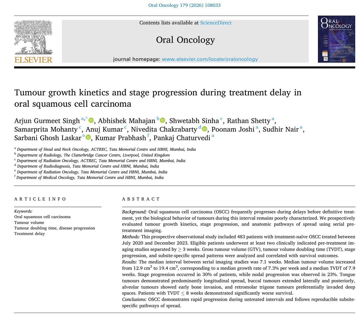 AMCancerImaging's tweet photo. Treatment delays in oral squamous cell carcinoma can drive rapid tumour progression and stage migration within weeks.
“Tumour growth kinetics and stage progression during treatment delay in oral squamous cell carcinoma.”
Congrats @docarjunsingh
Read here: https://t.co/Q8FVw0u4Kf https://t.co/ekEXvBCzKf