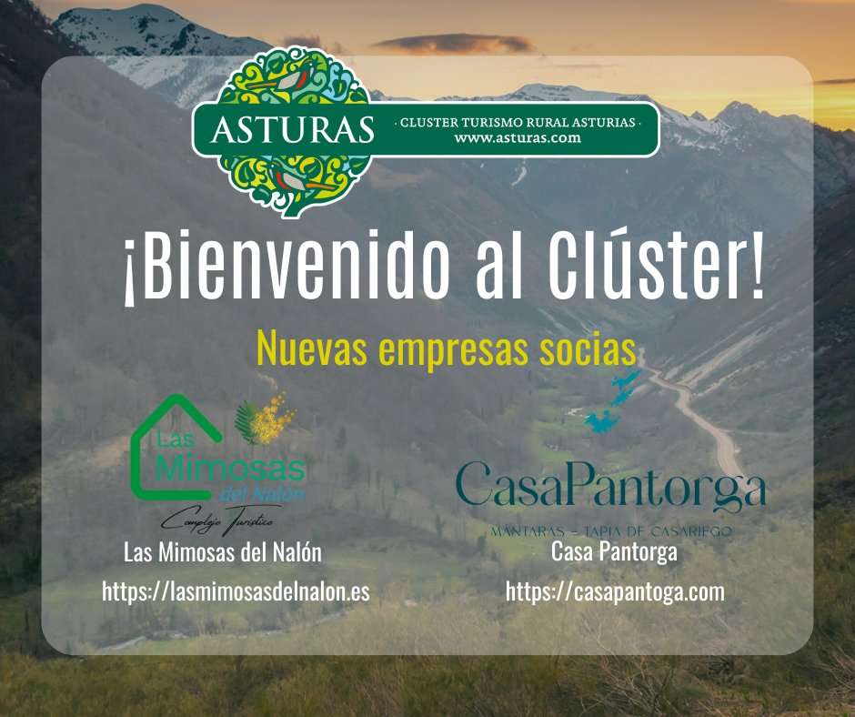asturascluster's tweet photo. 🌿 ¡Seguimos creciendo! 🌿

Damos la bienvenida al Clúster de Turismo Rural de Asturias a Las Mimosas del Nalón y Casa Pantorga.
Con nuevas incorporaciones como estas, seguimos reforzando una red comprometida con un turismo rural sostenible, de calidad y con identidad propia. https://t.co/EDvEYTMoLt