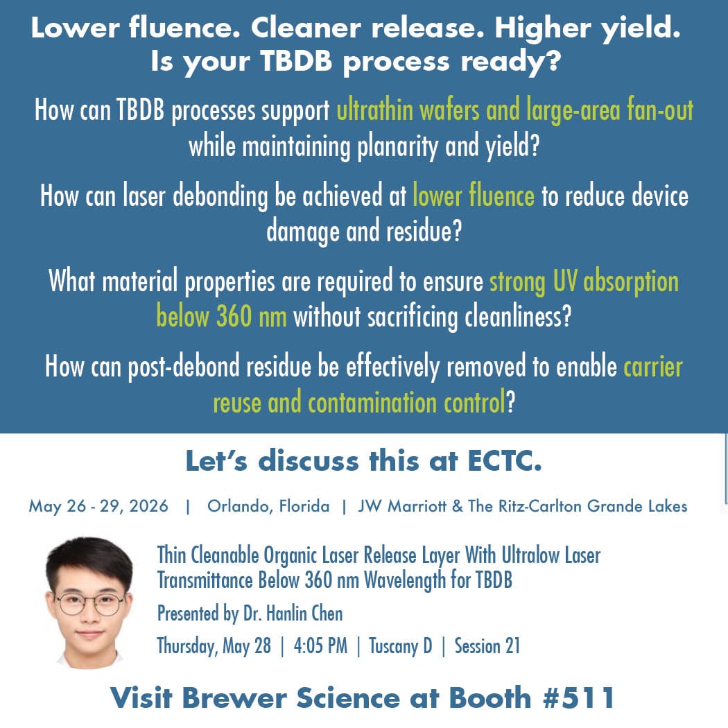 brewerscience's tweet photo. Lower fluence. Cleaner release. Higher yield.  Is your TBDB process ready? Find Brewer Science at booth 511 at ECTC, and let’s discuss how lower fluence and cleaner release can impact your yield. https://t.co/fCXXLXNnZh