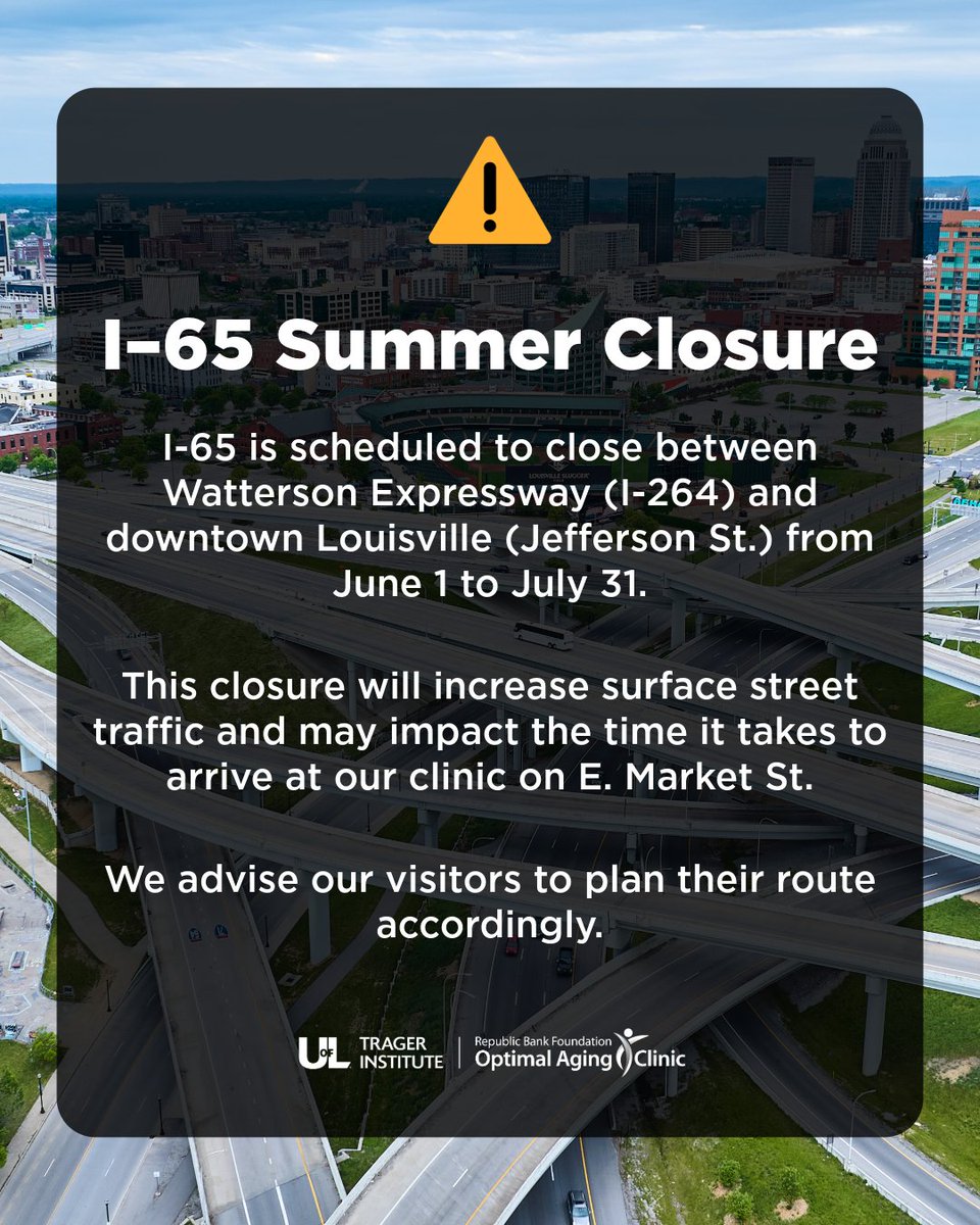 TragerInstitute's tweet photo. I-65 is scheduled to close between Watterson Expressway (I-264) and downtown Louisville (Jefferson St.) from 6/1 to 7/31. 

This closure may impact the time it takes to arrive at our clinic.

Visit the I-65 Central Corridor Project's website for updates. 
https://t.co/9l4ej0rW98 https://t.co/ucMfeyHdrz