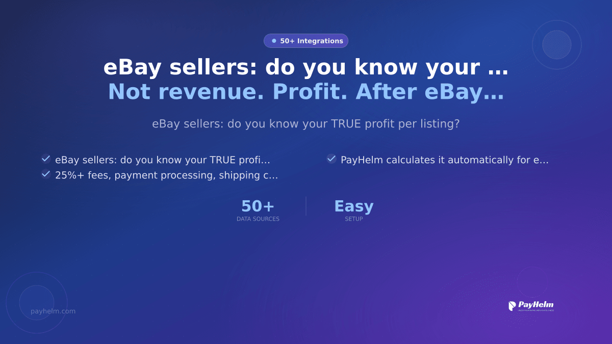 PayHelm's tweet photo. eBay sellers: do you know your TRUE profit per listing?

Not revenue. Profit.

After eBay's 13.25%+ fees, payment processing, shipping cost, and returns — what are you actually keeping?

PayHelm calculates it automatically for every SKU.

Connect your ...

https://t.co/8y54vVcuQT https://t.co/Sbrb3DwNhM