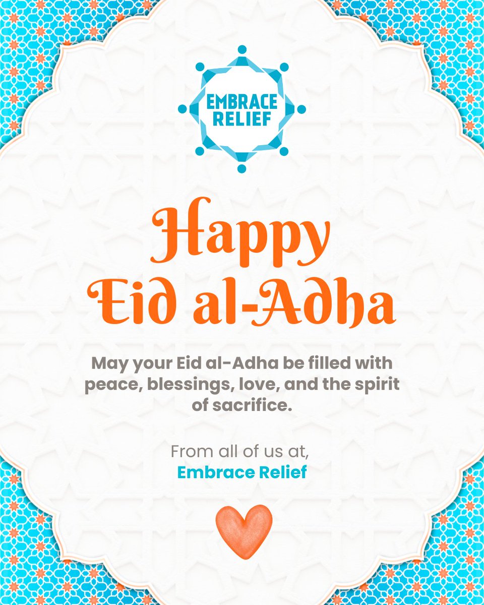 EmbraceRelief's tweet photo. 🧡  Eid Mubarak from all of us at Embrace Relief! 🌙 ✨

May your Eid al-Adha be filled with peace, happiness, and meaningful moments with the people you love. As we celebrate this special time together, there’s still an opportunity to share your blessings with families in need around the world. 🌍 😊 

We  will continue accepting Wajib Qurbani donations until 7 PM EST on Thursday, May 28. 
https://t.co/BdpOiL2qwB

#EidMubarak #EidAlAdha #Qurbani #EmbraceRelief #Eid