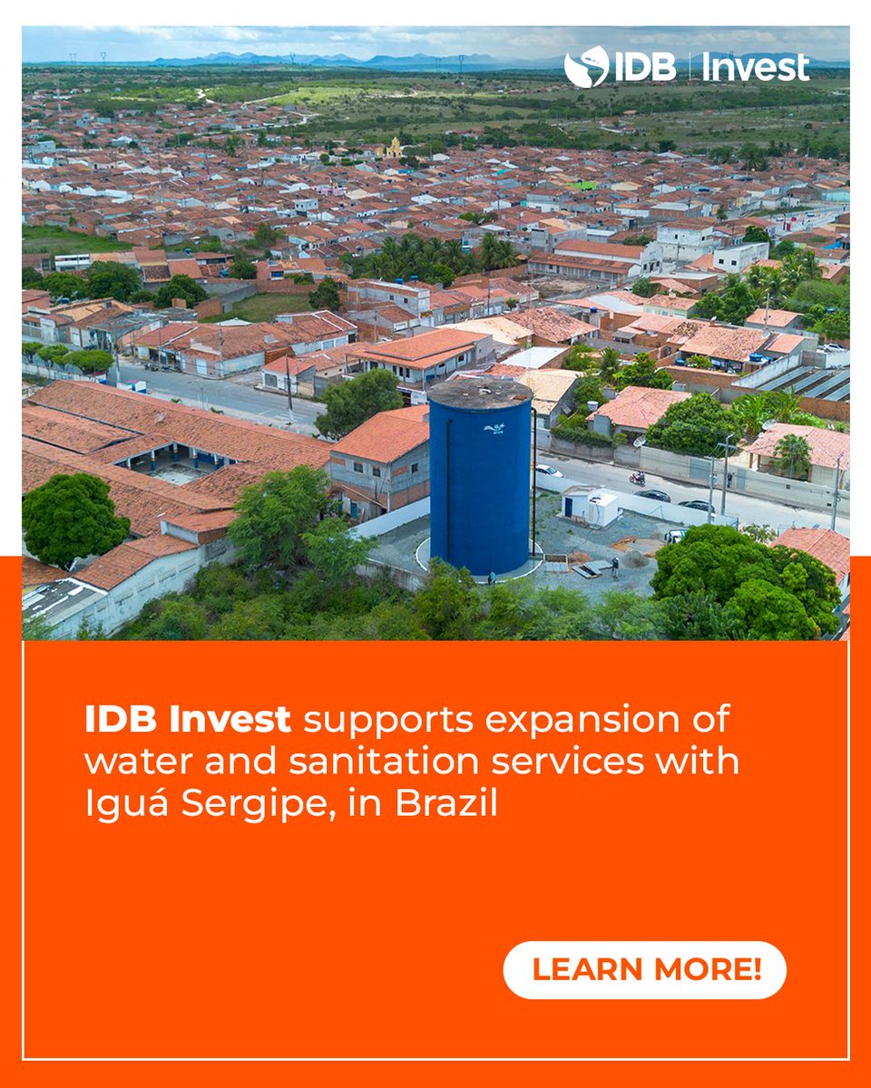 BIDInvest's tweet photo. IDB Invest announced a financing operation of up to R$1.0 billion with Iguá Saneamento to support the expansion of water and sanitation infrastructure for more than 2.3 million people across Sergipe, #Brazil, improve operational efficiency, and strengthen essential services across the state. 

Learn more: https://t.co/zIVkqwsqo5