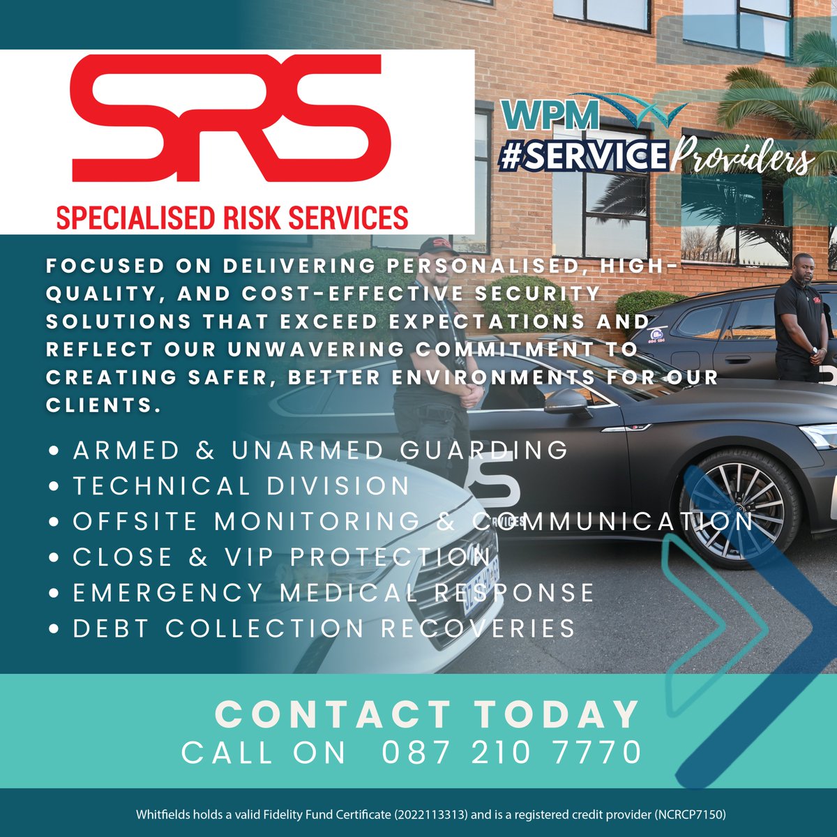 WhitfieldsGroup's tweet photo. Specialised Risk Services is focused on delivering personalised, high-quality and cost-effective security solutions that exceed expectations and create safer, better environments for clients and communities alike.
#WPM #ServiceProviders #SecuritySolutions #WherePropertyMatters https://t.co/CAesk4wNvd