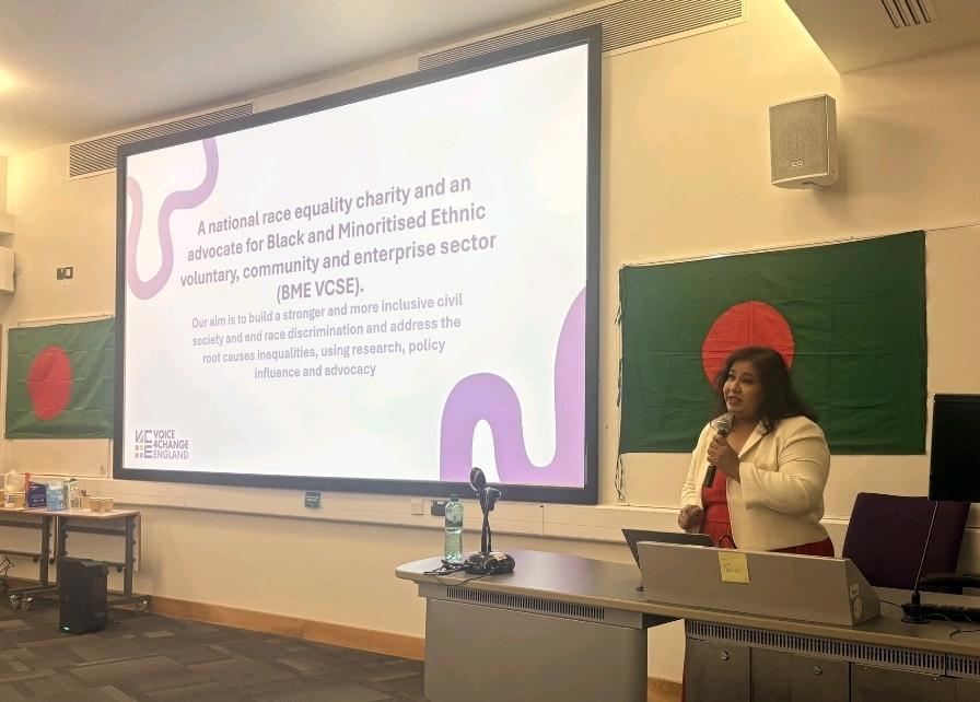 V4CE's tweet photo. Our Deputy Director, Dr Sharmin Shajahan @ShajahanSharmin, spoke at Anglia Ruskin University’s Bangla Society Networking and Leadership Forum on 21 May 2026. She discussed advancing racial equity through community‑centred approaches and lived experience leadership.

Her talk, “Changing the System from Within: Breaking Barriers, Lived Experience and Leadership in the Voluntary Sector,” highlighted the power of representation and systemic change.

The event was organised by ARU Bangla Society President Mayisa Chowdhury in collaboration with @BritBangla.