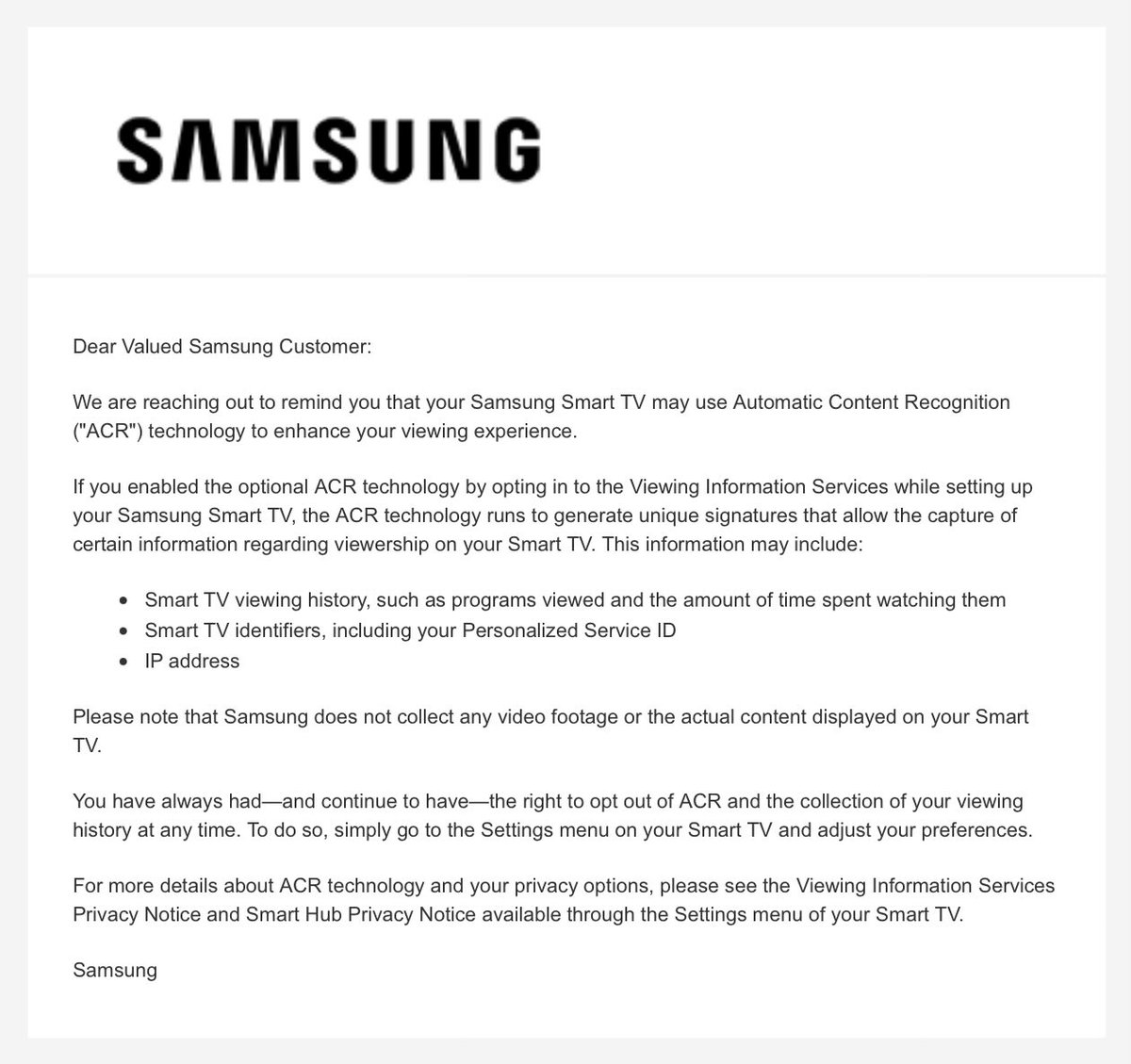 pressf1's tweet photo. A reminder from Samsung to allow me to remind you about Samsung (and most, if not all, modern smart TVs). https://t.co/FLPJpHLyAY