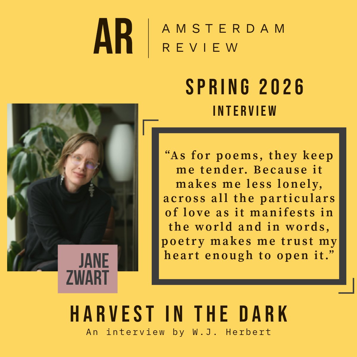 AmsterdamRev's tweet photo. Read 𝐻𝑎𝑟𝑣𝑒𝑠𝑡 𝑖𝑛 𝑡ℎ𝑒 𝐷𝑎𝑟𝑘, an in-depth #interview with 𝐉𝐚𝐧𝐞 𝐙𝐰𝐚𝐫𝐭. Jane is speaking to 𝐖.𝐉. 𝐇𝐞𝐫𝐛𝐞𝐫𝐭 about her new poetry collection 𝑂𝑑𝑑𝑒𝑠𝑡 &amp; 𝑂𝑙𝑑𝑒𝑠𝑡 &amp; 𝑆𝑎𝑑𝑑𝑒𝑠𝑡 &amp; 𝐵𝑒𝑠𝑡.  

https://t.co/9qziijGFAF 

#poetry #writingcommunity https://t.co/Ndz60f8LzW