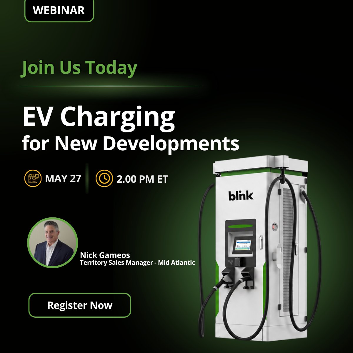 BlinkCharging's tweet photo. Join us today for our webinar EV Charging for New Developments: Maximizing ROI and Asset Value with Nick Gameos and hear from him how EV charging can be seamlessly integrated into new and existing developments.

Learn about:
⚡ Design best practices
⚡ Electrical infrastructure planning
⚡ Code compliance and sustainability goals
⚡ Future-proofing spaces with EV charging

📅 27 May 2026
⏰ 2 PM ET (US & Canada)

Register here: https://t.co/NTzFKdsxhY

#EVCharging #ElectricVehicles #FleetElectrification #EVInfrastructure #SustainableDevelopment #SmartMobility #CleanTransportation