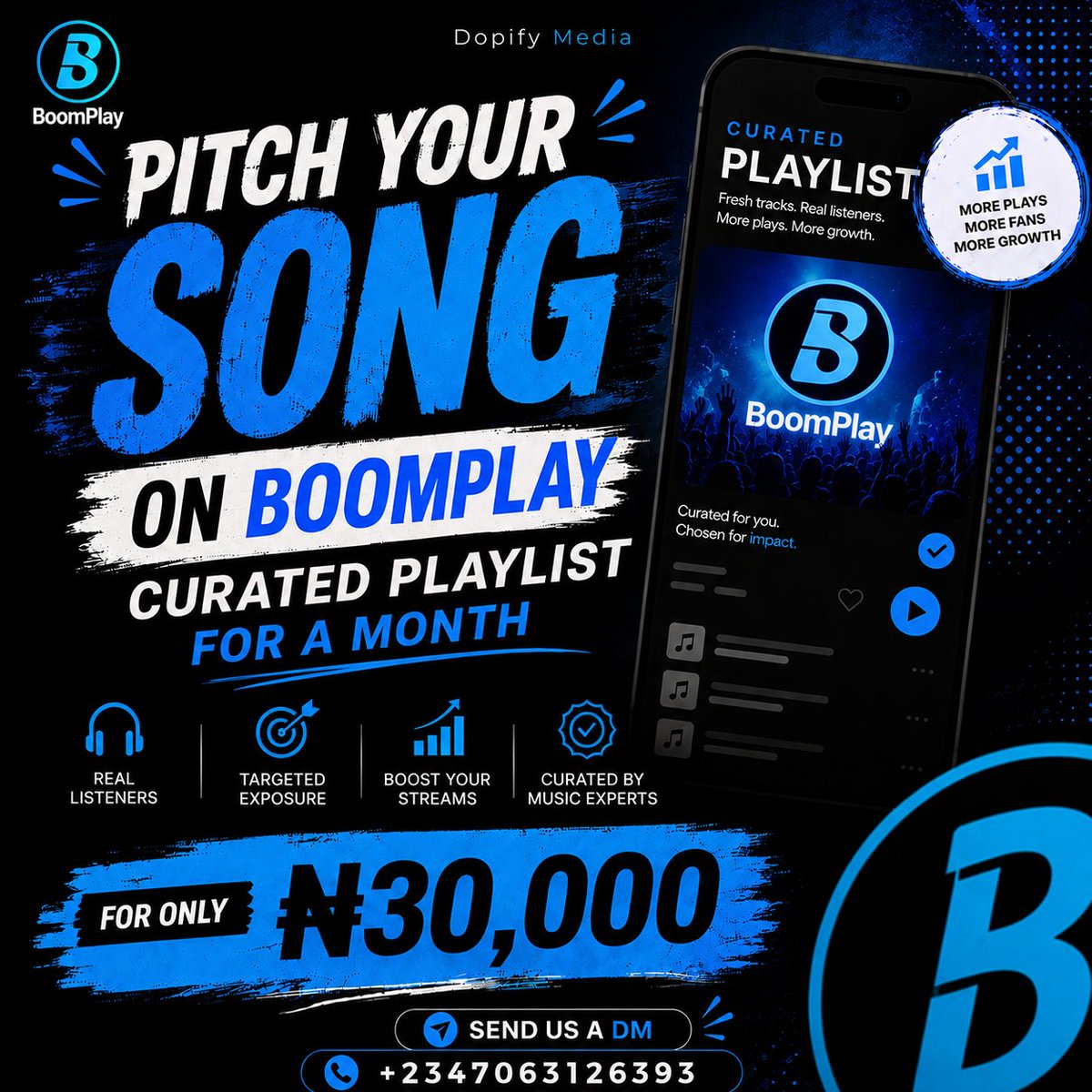 Dopifymedia's tweet photo. Your music deserves more than just uploads… it deserves visibility. 🚀🎵

We help artists get placed on top playlists across Spotify, Apple Music, Audiomack &amp; Boomplay to increase streams, attract real listeners, build fan engagement and push songs to wider audiences worldwide! https://t.co/saE8pO1q7b
