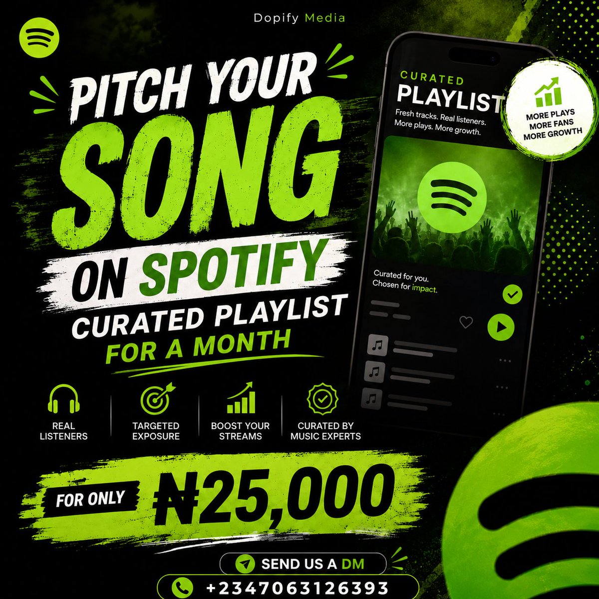 Dopifymedia's tweet photo. Your music deserves more than just uploads… it deserves visibility. 🚀🎵

We help artists get placed on top playlists across Spotify, Apple Music, Audiomack &amp; Boomplay to increase streams, attract real listeners, build fan engagement and push songs to wider audiences worldwide! https://t.co/saE8pO1q7b