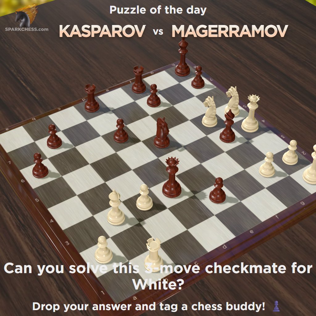 sparkchess's tweet photo. Chess puzzle of the day is a mate in three from 1982: @Kasparov63 vs Magerramov. Try to solve it online https://t.co/IANJcedUsL and drop your line in the comments. https://t.co/fnVZ5DdNQa