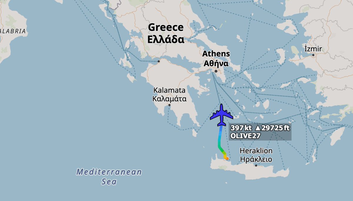 ArmchairAdml's tweet photo. #USAF United States Air Force

Boeing TC-135 Stratolifter 1x
#AE01D3 62-4129 - OLIVE 27

OLIVE 27 has now departed Chania and is en route directly back to Offutt Air Force Base. No stop at RAF Mildenhall this time it seems.

@MATA_osint https://t.co/D9ugwYlgsd