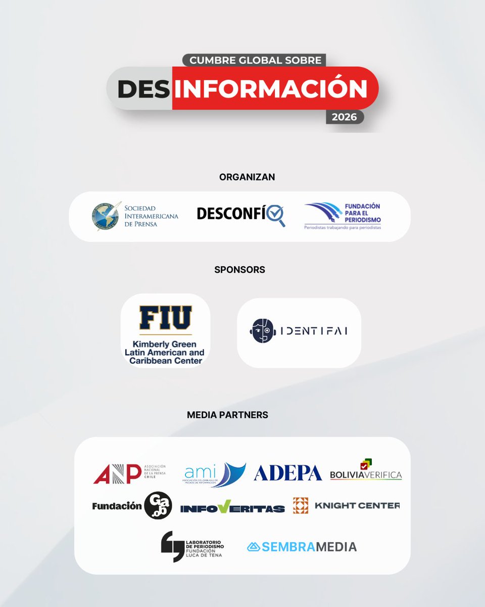 cumbredesinfo's tweet photo. The VI #GlobalSummitOnDisinformation starts now.
Two days of conversations on AI, digital platforms, media literacy, journalism, fact-checking and information integrity with speakers from around the world.
🌍 Join the conversation! https://t.co/qf8bxmNfcH https://t.co/mdfPsx2bby