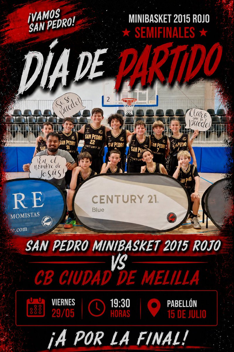 CBSanPedro's tweet photo. 🔥 ¡DÍA DE PARTIDO!

El mini rojo se juega el pase a la GRAN FINAL en un auténtico partidazo 🆚 @CBCiudadMelilla.

📣 Trabajo, ilusión, esfuerzo y equipo nos han traído hasta aquí… ¡Y ahora toca dejarlo TODO en la pista!

¡Cada grito suma!

#CBSP @FAB_Malaga 

❤️🖤🔴⚫️ https://t.co/sEtP87KR7q