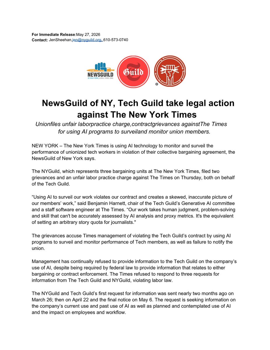 nyguild's tweet photo. TAKING LEGAL ACTION: The @nytimes is using AI technology to monitor and surveil the performance of our @NYTGuildTech members in violation of their collective bargaining agreement. More here... 
https://t.co/GJNtZljMpx .. https://t.co/JJJx97J5tZ