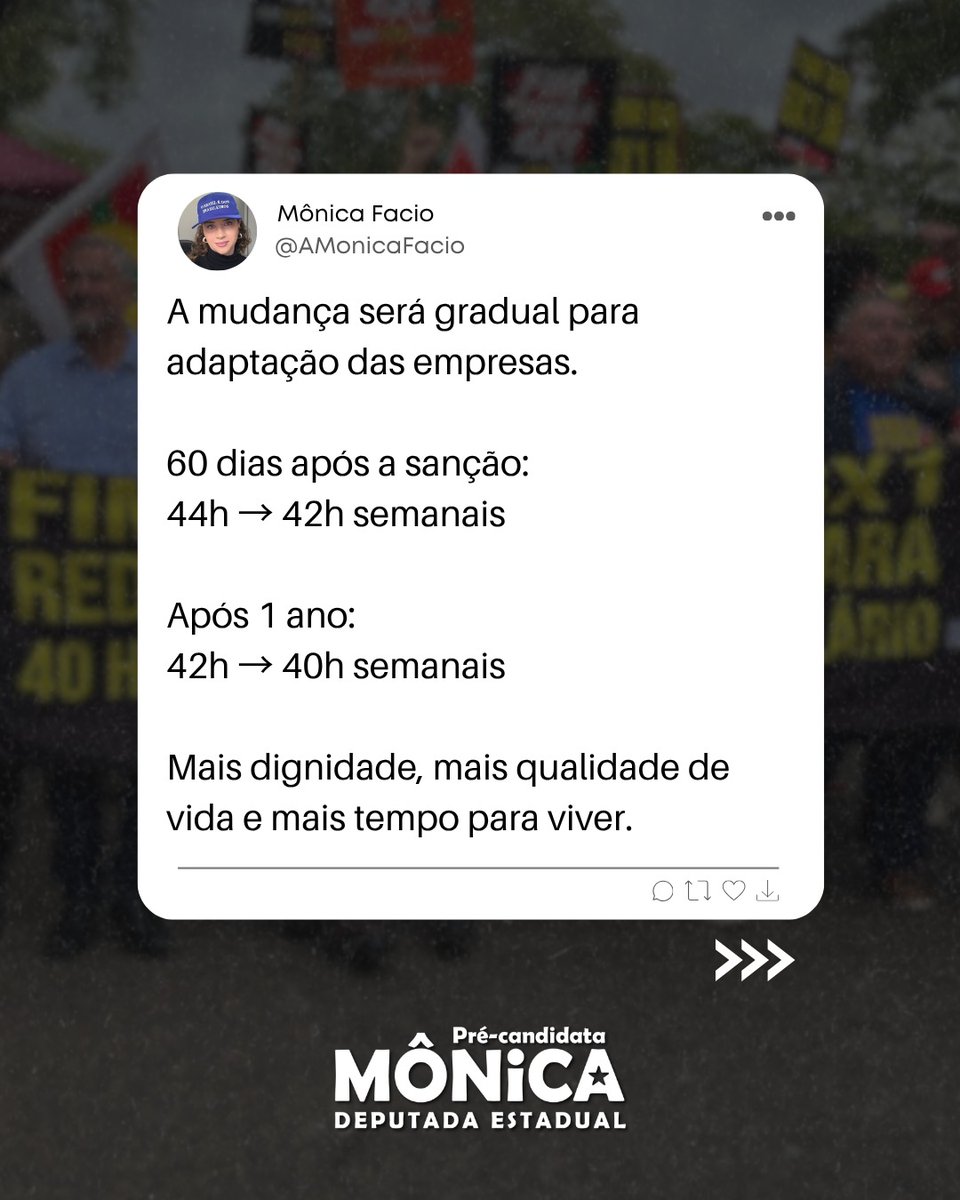 AMonicaFacio's tweet photo. O fim da escala 6x1 é uma luta por dignidade, saúde e qualidade de vida para milhões de trabalhadores e trabalhadoras brasileiras.

A proposta que pode ser votada nesta semana prevê redução da jornada sem redução salarial, mais tempo de descanso e geração de novos empregos. https://t.co/vbQV2PUJVZ