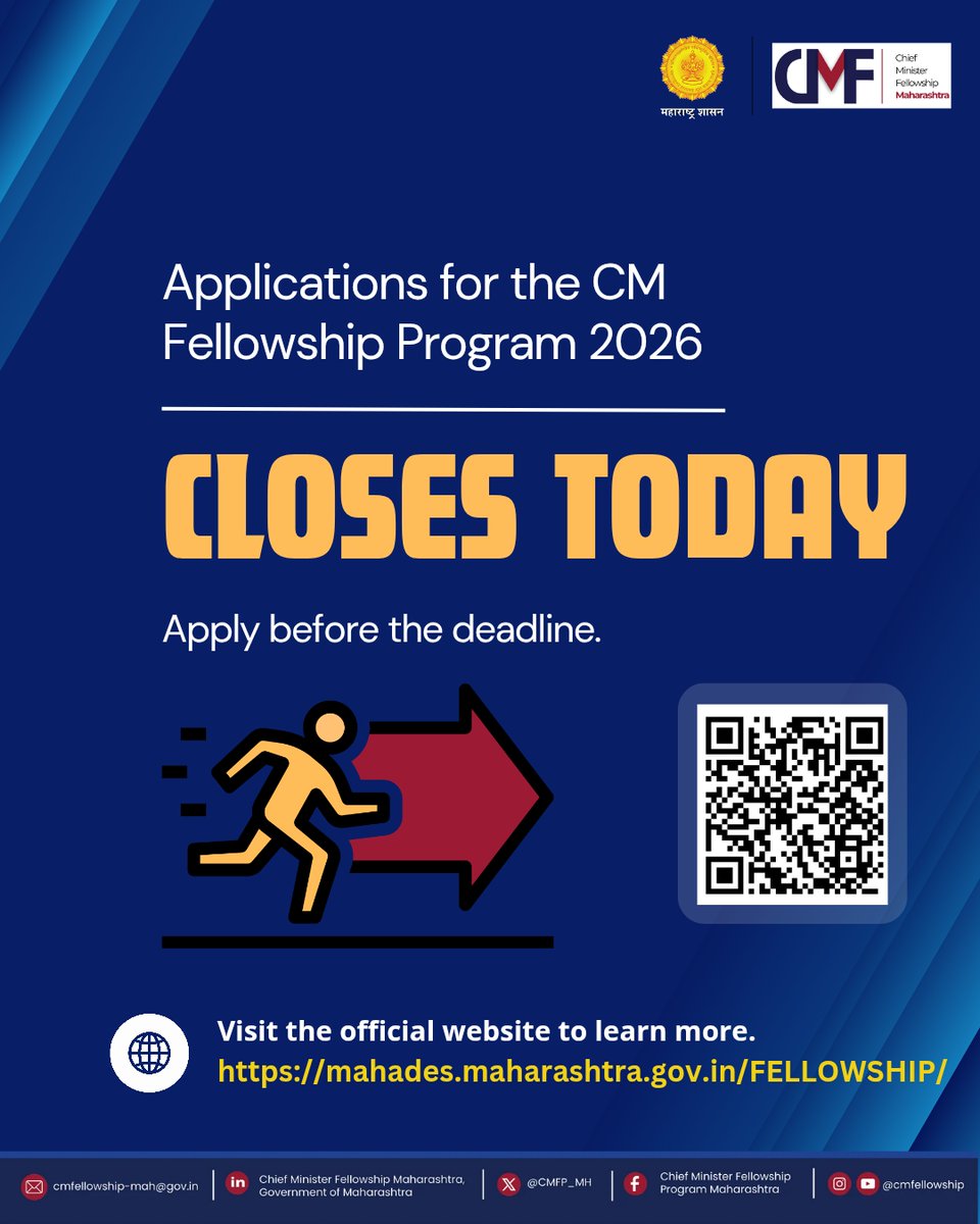 CMFP_MH's tweet photo. ⚠️Last few hours left!

Applications for the Chief Minister Fellowship Program 2026 are closing soon.

If you aspire to work on impactful governance projects and create meaningful change, this is your opportunity.

Don’t miss the chance to be a part of Viksit Maharashtra’s journey.

Apply before the deadline.

Learn more and apply here:
🔗https://t.co/VDJp9yruTT

#CMFellowship #DevendraFadnavis #CMOMaharashtra #publicpolicy #CareerOpportunity #ApplyNow