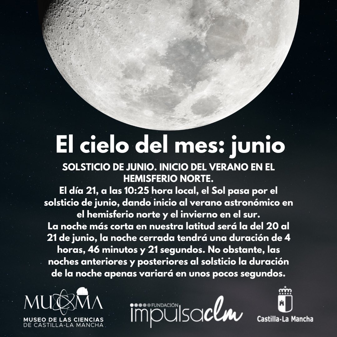museodelascien2's tweet photo. 🌕✨ El cielo del mes: junio ✨🌕

📅 Viernes, 29 

🔭 19:00 – 19:30 h
Sesión en directo en el planetario, donde nuestro astrónomo nos guiará por los eventos celestes y curiosidades.

☀️ 19:45 – 21:00 h
Observación astronómica solar junto a AstroCuenca

https://t.co/XymOXmlpVJ https://t.co/CPfXDDGx5u