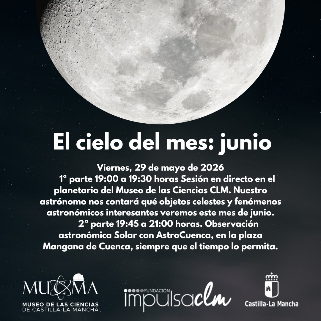 museodelascien2's tweet photo. 🌕✨ El cielo del mes: junio ✨🌕

📅 Viernes, 29 

🔭 19:00 – 19:30 h
Sesión en directo en el planetario, donde nuestro astrónomo nos guiará por los eventos celestes y curiosidades.

☀️ 19:45 – 21:00 h
Observación astronómica solar junto a AstroCuenca

https://t.co/XymOXmlpVJ https://t.co/CPfXDDGx5u