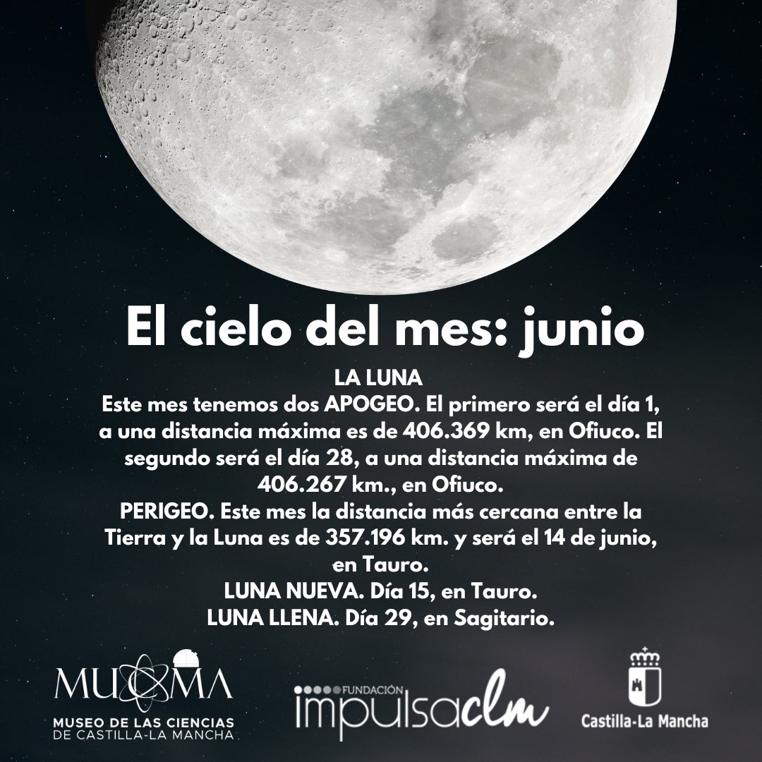 museodelascien2's tweet photo. 🌕✨ El cielo del mes: junio ✨🌕

📅 Viernes, 29 

🔭 19:00 – 19:30 h
Sesión en directo en el planetario, donde nuestro astrónomo nos guiará por los eventos celestes y curiosidades.

☀️ 19:45 – 21:00 h
Observación astronómica solar junto a AstroCuenca

https://t.co/XymOXmlpVJ https://t.co/CPfXDDGx5u
