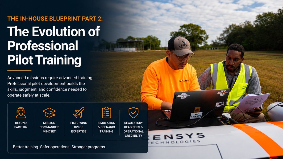 CensysTech's tweet photo. Scaling a drone program takes more than aircraft and flight hours. It takes operational maturity.

Part 2 of The In-House Blueprint explores pilot development, BVLOS training, and the discipline required to scale aerial intelligence.

Read here: https://t.co/U4yAfRjpeN https://t.co/uPciMaTC0p