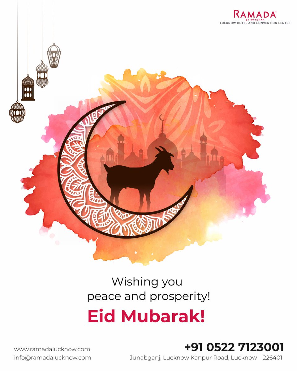 ramadalucknow's tweet photo. Eid Mubarak! May the spirit of sacrifice, gratitude &amp; togetherness fill your heart &amp; home with joy, peace &amp; endless blessings this Eid-Ul-Adha.
.
#EidMubarak #EidUlAdha #Bakrid2026 #EidCelebrations #RamadaLucknow https://t.co/RIeDSaXv07