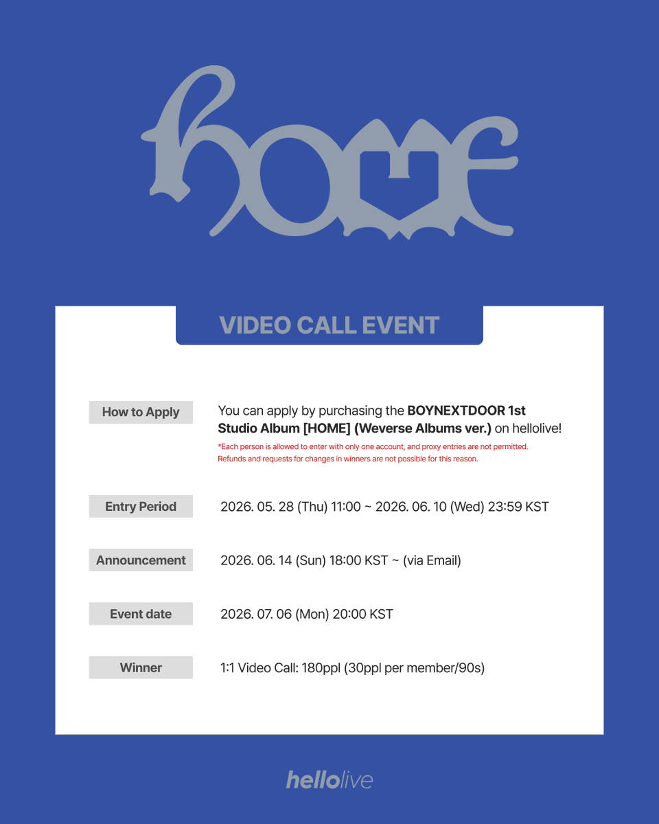 hellolivetv's tweet photo. #hellolive_NEW
BOYNEXTDOOR 1st Studio Album [HOME]
🏠VIDEO CALL EVENT🏠

🔗 https://t.co/xv6hN3mW3T
🌐 https://t.co/YBaRzYJpXY

🔎 Participant Benefit
hellolive Exclusive Unreleased Photocard Mochi Peace ver.

✨ Winner Benefit
Signed Instant Photo (6 winners, random draw)

#보이넥스트도어 #BOYNEXTDOOR #BND #HOME
