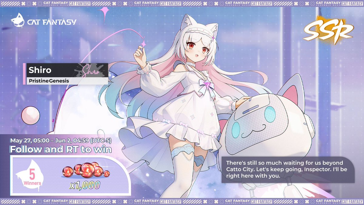 catfantasyen's tweet photo. 🎁 Shiro is Here - RT to Win Refined Pathite ×1,000! 🎁

The limited [Shiro: Pristine Genesis] banner is now live! Come summon her now! 🎀

『Detected: one Inspector staying up late. Hm? Can't sleep...? In that case... want to chat for a bit?』

🔁 Retweet this post for a chance to win 💎Refined Pathite ×1,000!
��� 5 lucky players will be randomly selected!
🕒 Ends on June 2, 2026, 04:59 (UTC-5)

🎮 Mobile: https://t.co/fFutaokx0U
🖥️ PC: https://t.co/mImpcrEnf8
🔗 Top-up Center (10% Extra): https://t.co/I0KRCqGi1Y

#CatFantasy