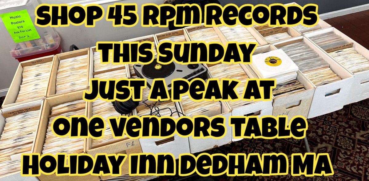 VinylRecordShow's tweet photo. Analog Fest this Sunday May 31st at the Holiday Inn 55 Ardiane Rd Dedham MA 10am-3pm just a peak of one vendor's table loaded with 45rpm records. Parking on site is free just off i95 outside of Boston MA near Legacy Place in the Grand Ballroom. See https://t.co/y59RFhrdsL for full show details and limited vendor spaces open
