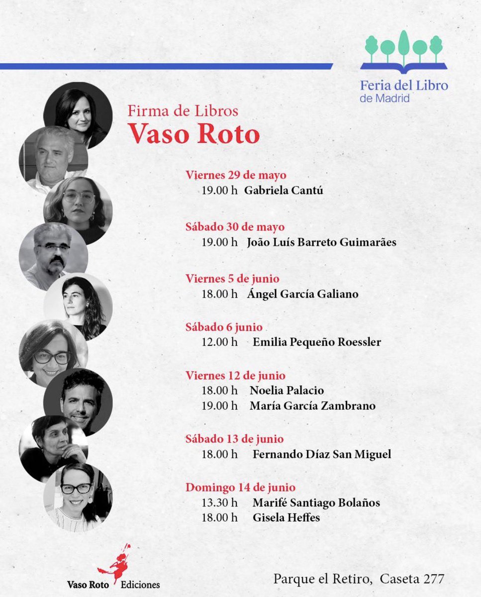 Vaso_Roto's tweet photo. Estas son las firmas de Vaso Roto Ediciones para la #FLMadrid26 ✨

Los esperamos en la caseta 277, en el Parque El Retiro. https://t.co/DF28jj8Qes